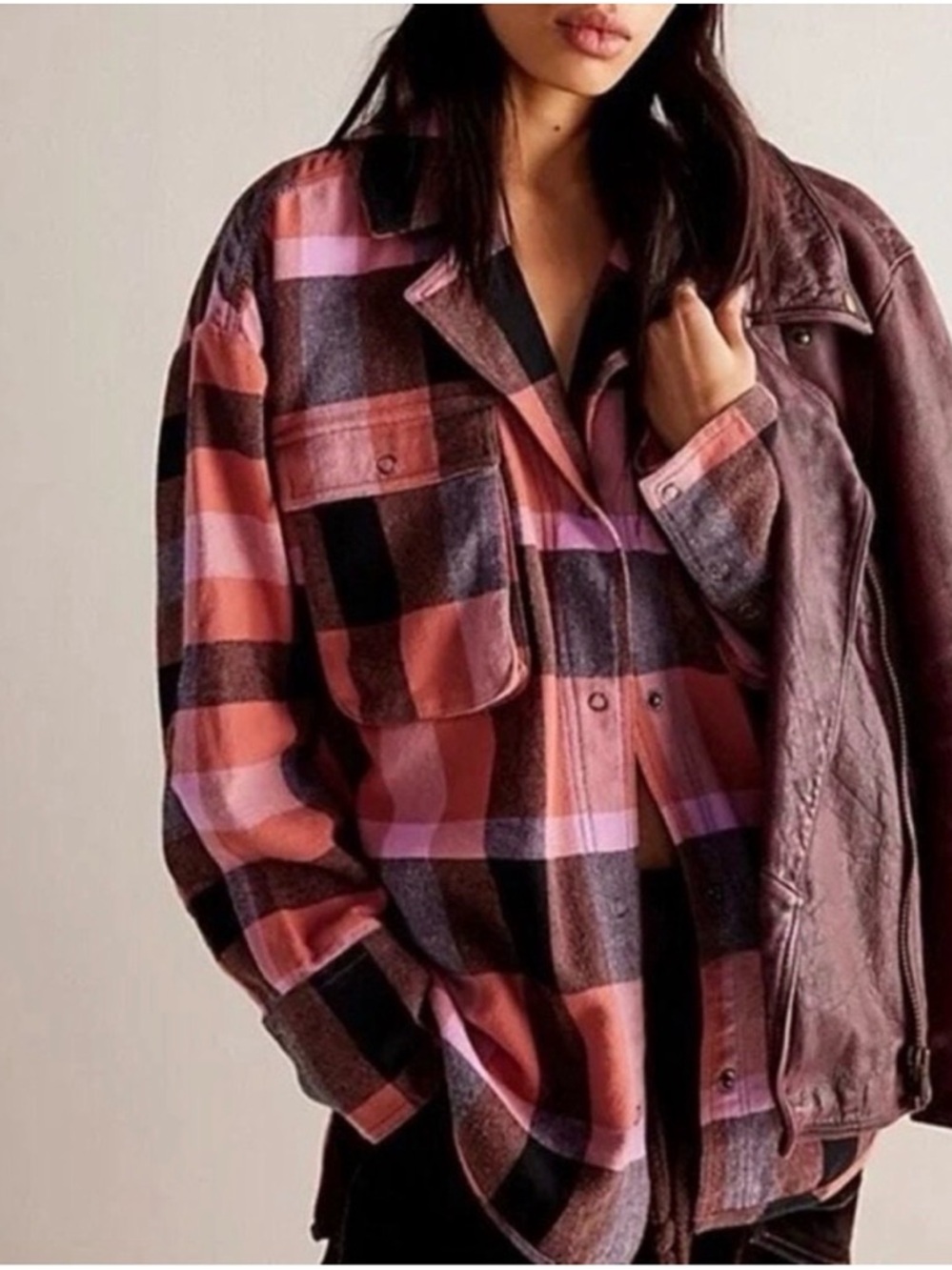 Free‎ People We The Free Izzy Cargo Shacket Small Pink Plaid Oversized
